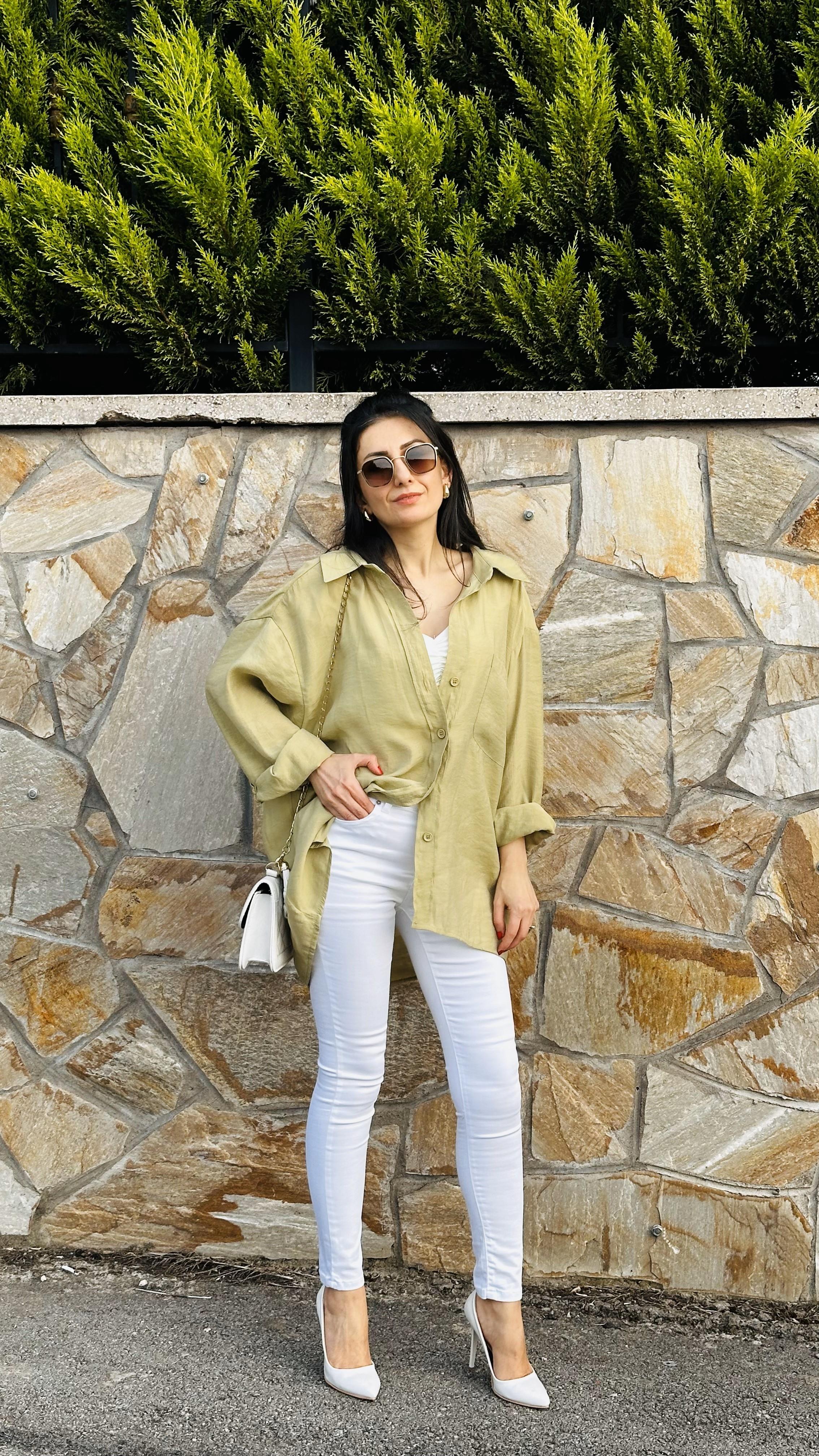 Olive Düşük Omuz Oversize Gömlek