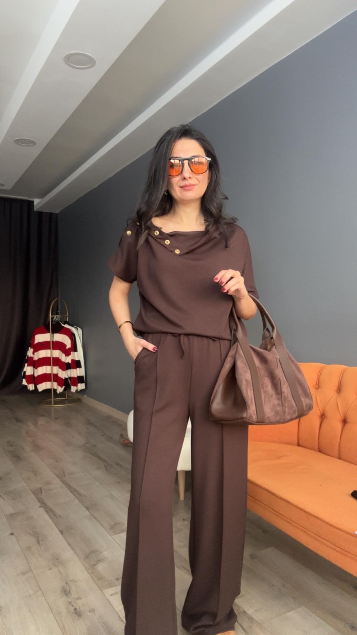 Kahve Omuz Düğmeli Modal Takım