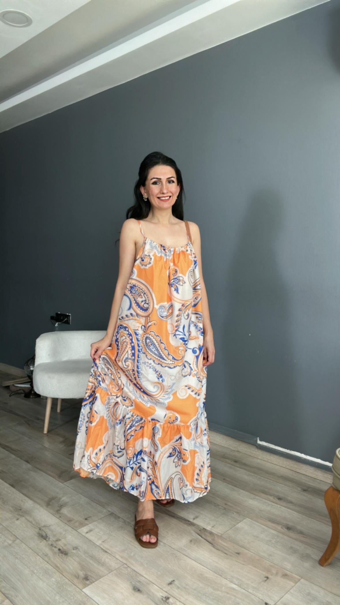 Orange Desenli Askılı Elbise