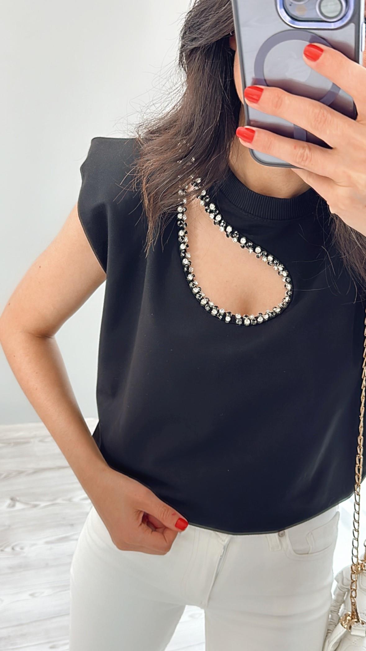 Siyah Damla Taş Detaylı Vatkalı Bluz