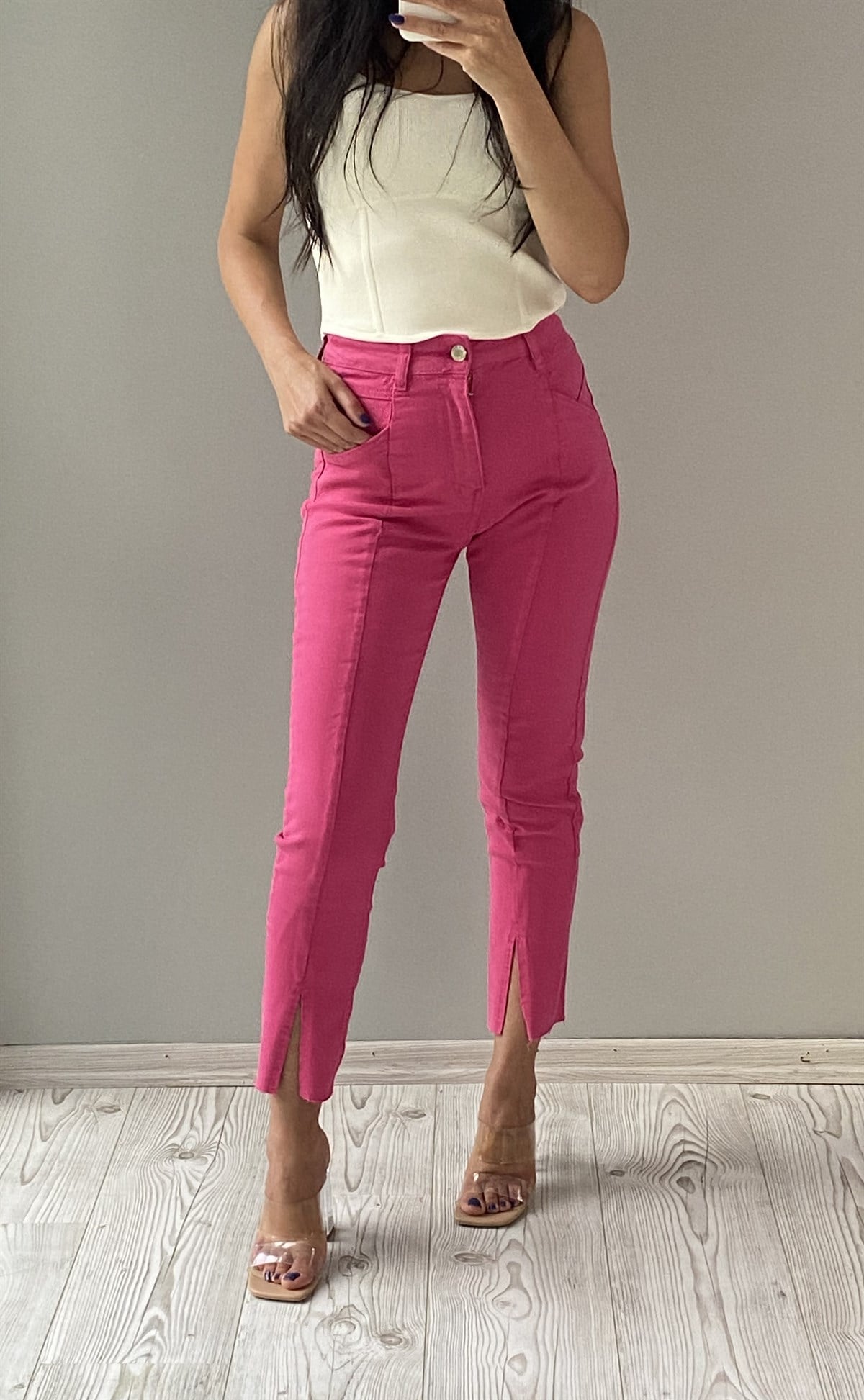Fuşya Gabardin Yırtmaçlı Pantolon