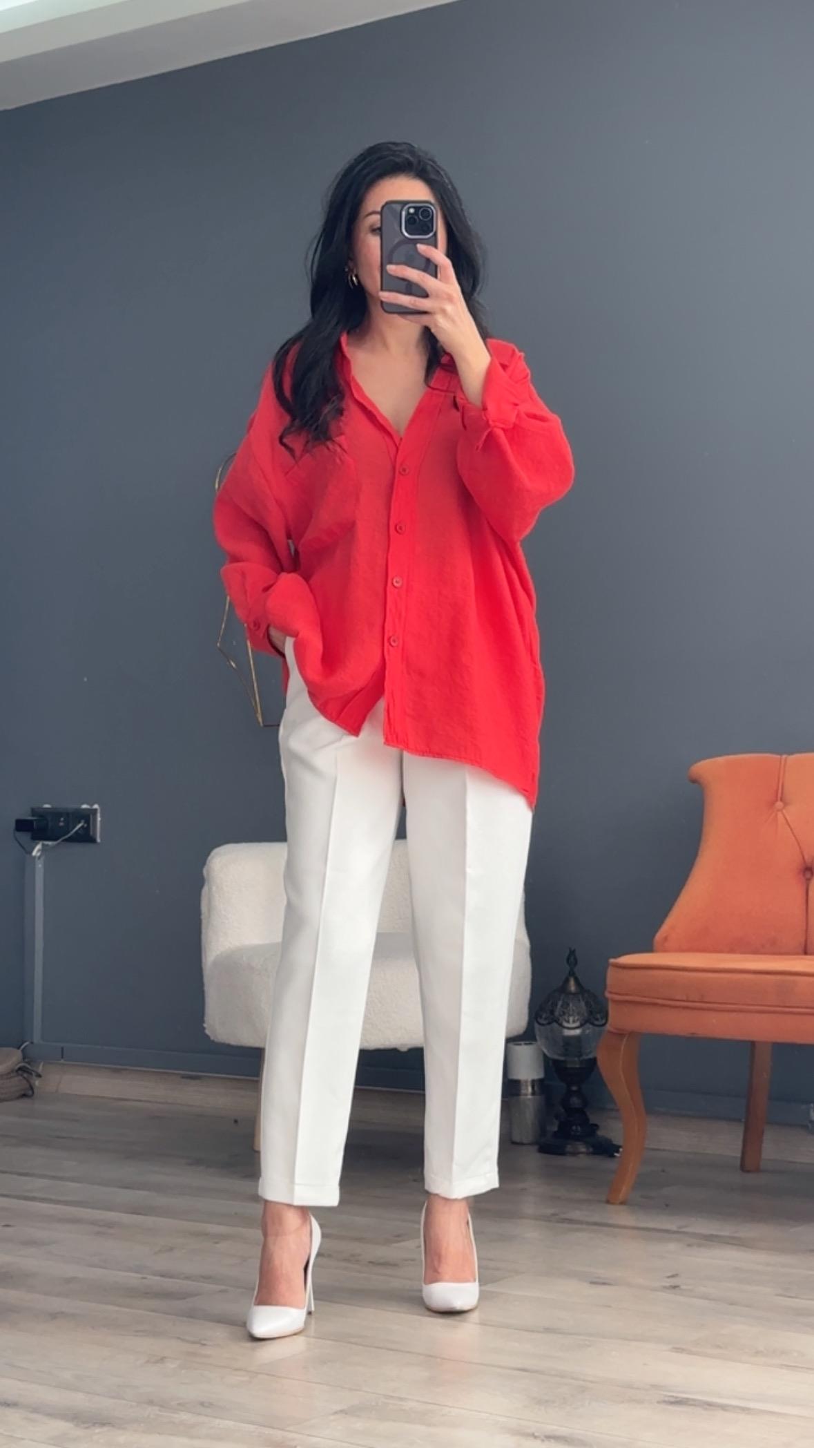 Nar Çiçeği Düşük Omuz Oversize Gömlek
