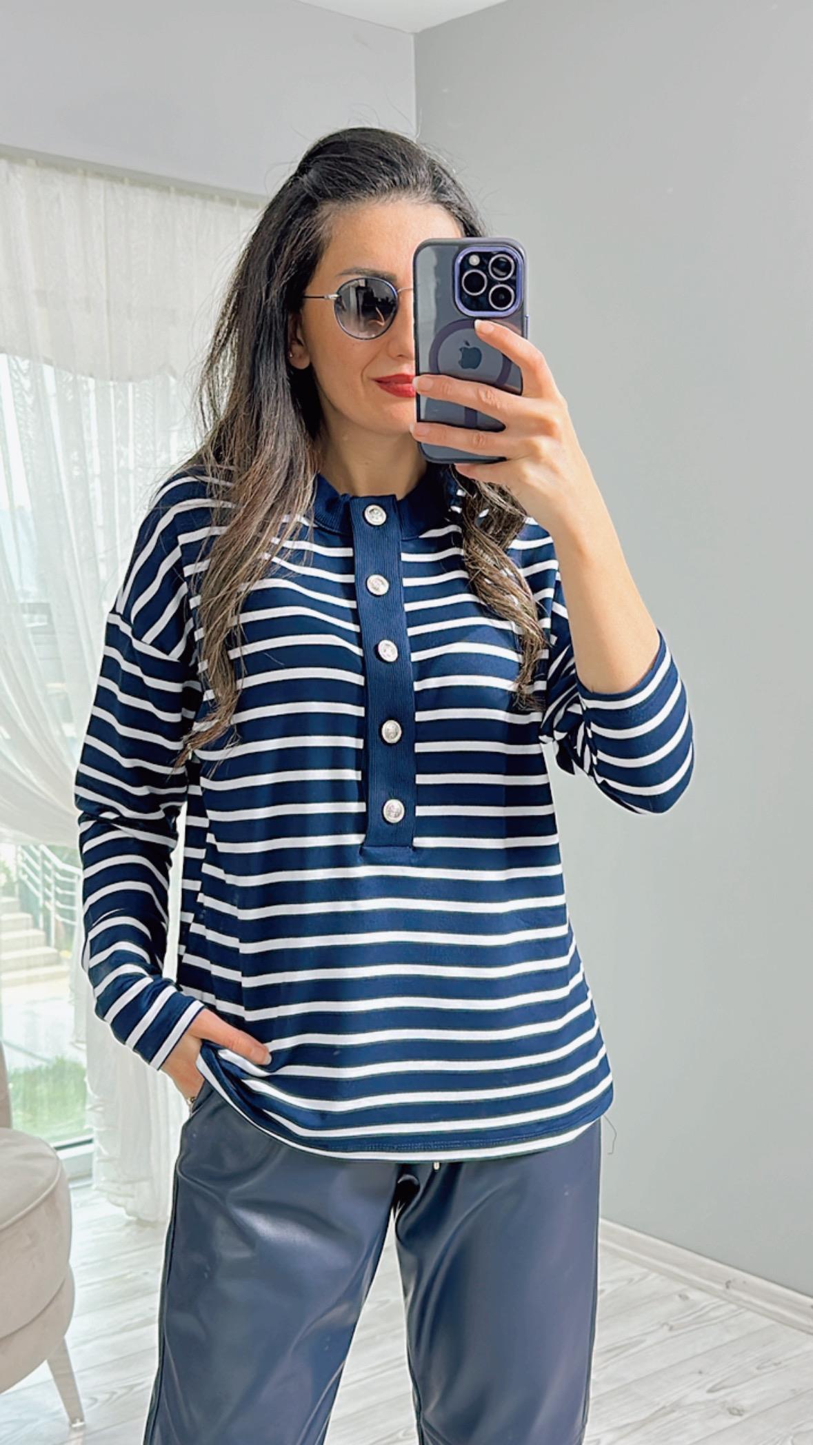 Lacivert Çizgili Önü Düğmeli Sweatshirt