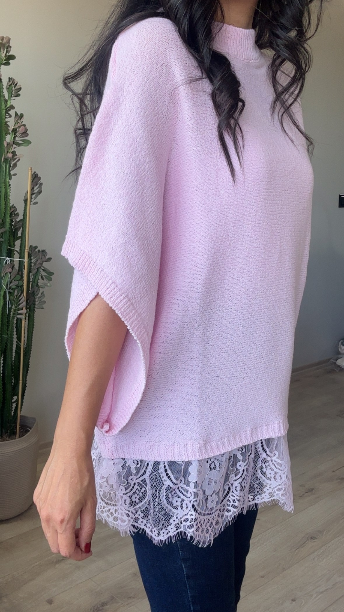 Pembe Yarasa Kol Dantel Etekli Merserize