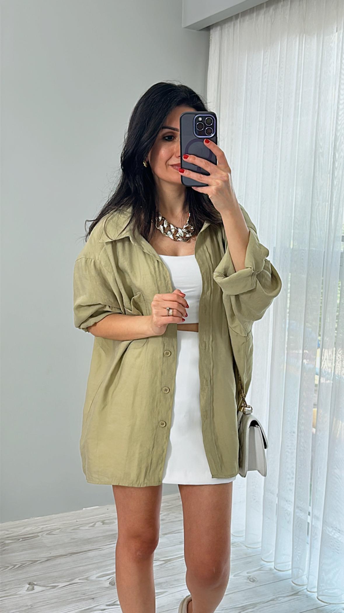 Olive Düşük Omuz Oversize Gömlek