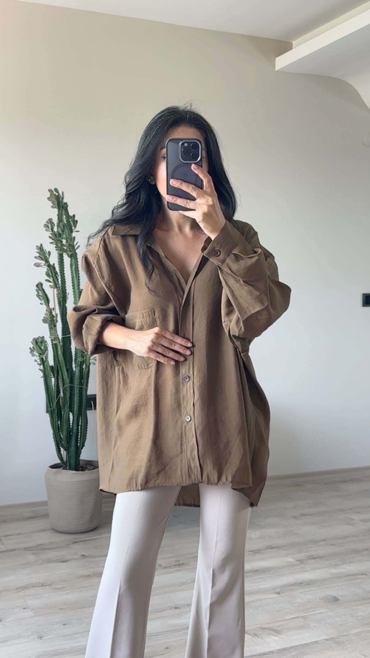 Ceviz Düşük Omuz Oversize Gömlek