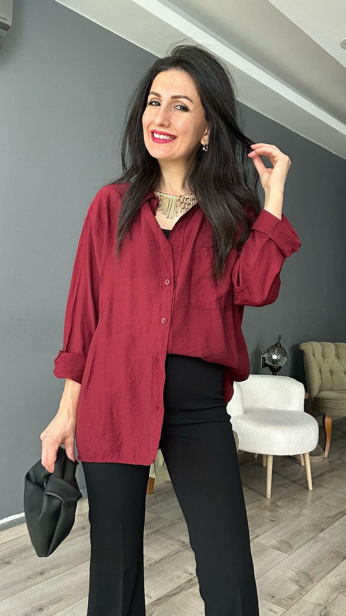 Bordo Cepli Oversize Gömlek