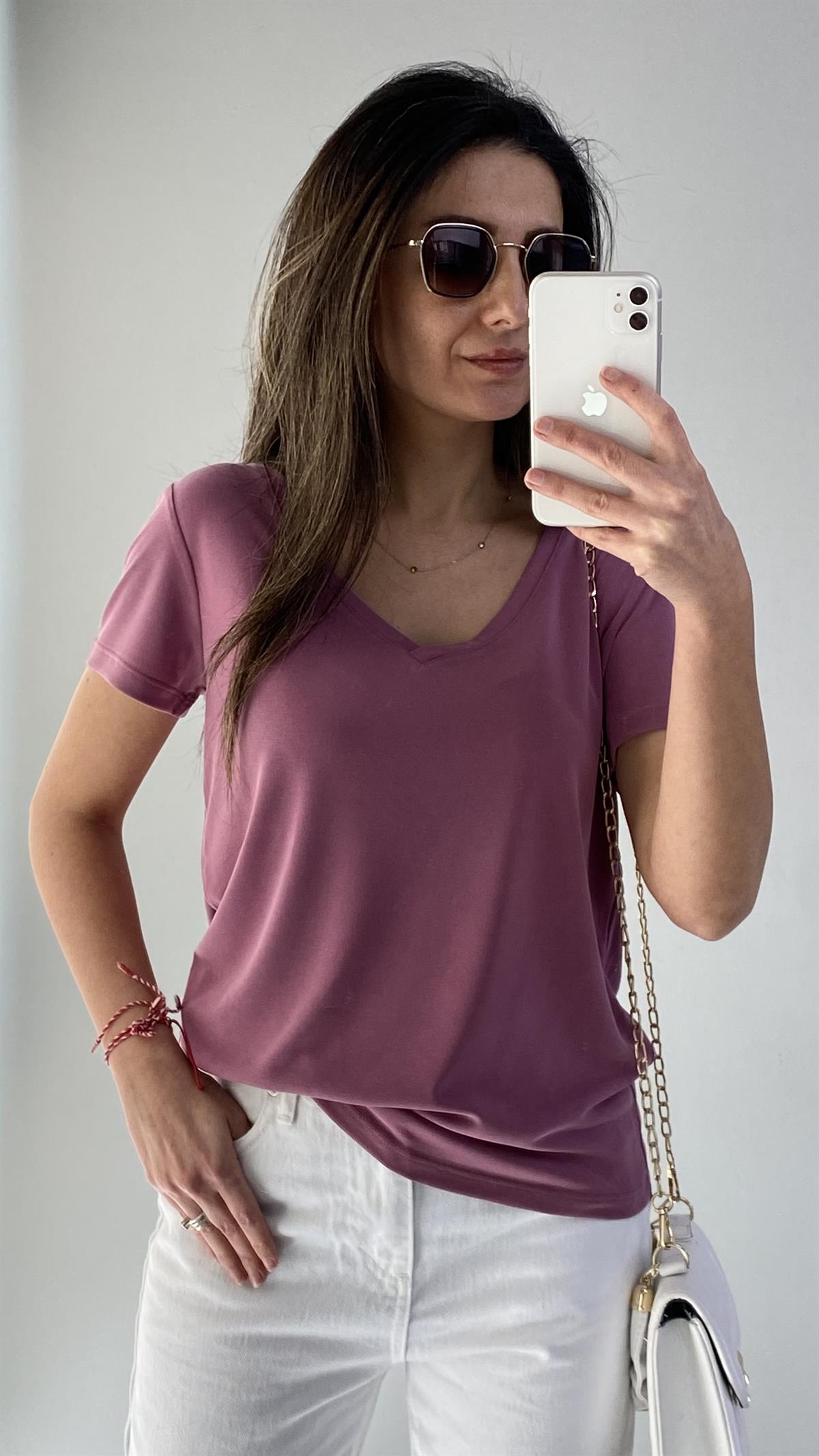 Gül Kurusu V Yaka Modal Kumaş T-Shirt