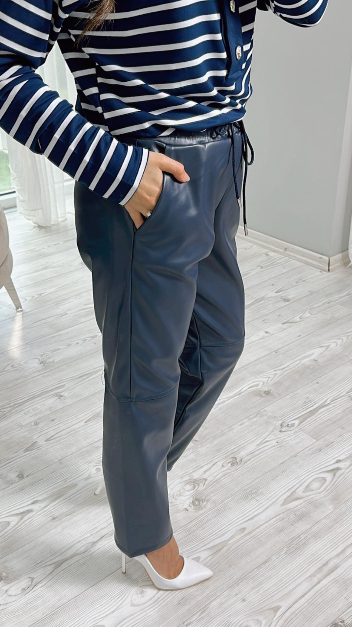Lacivert Beli Lastikli Deri Pantolon