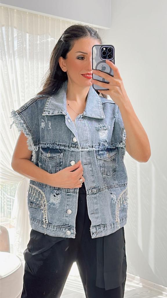 Denim Taşlı Yelek