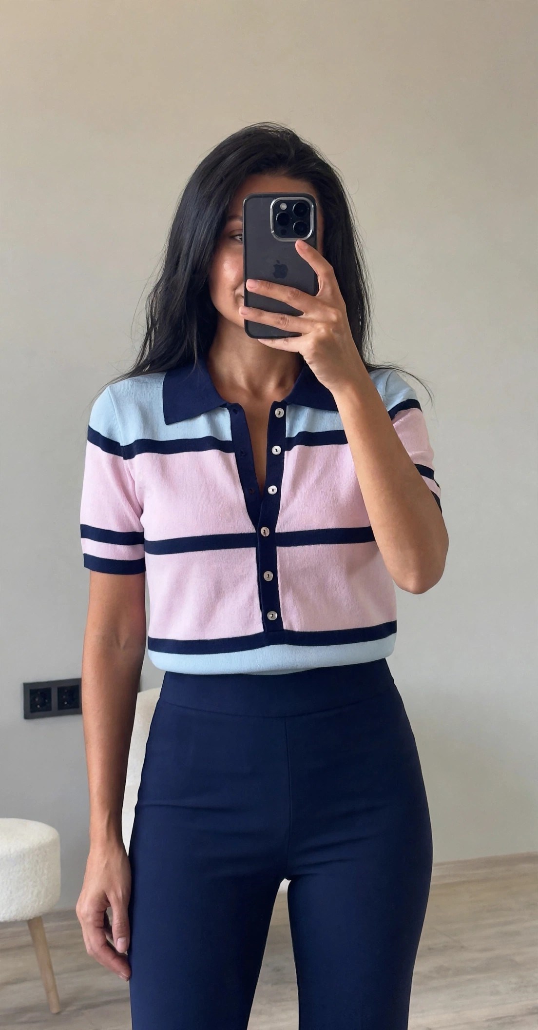 Lacivert Pembe Çizgili Polo Yaka Triko Bluz