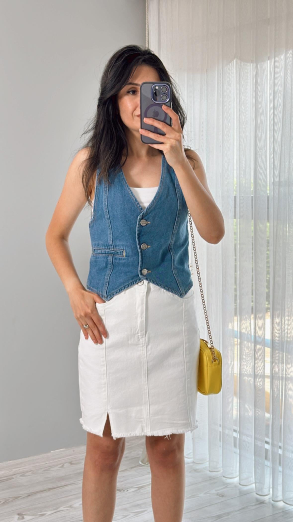 Mavi Cep Detaylı Denim Yelek