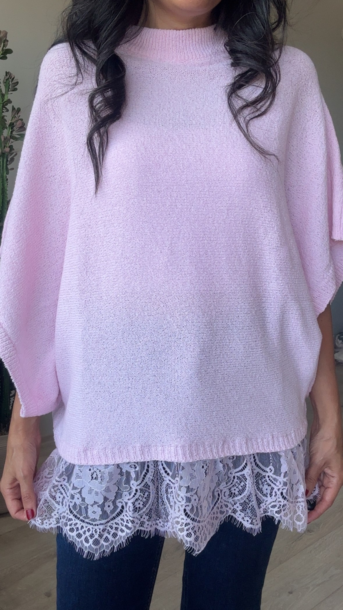 Pembe Yarasa Kol Dantel Etekli Merserize
