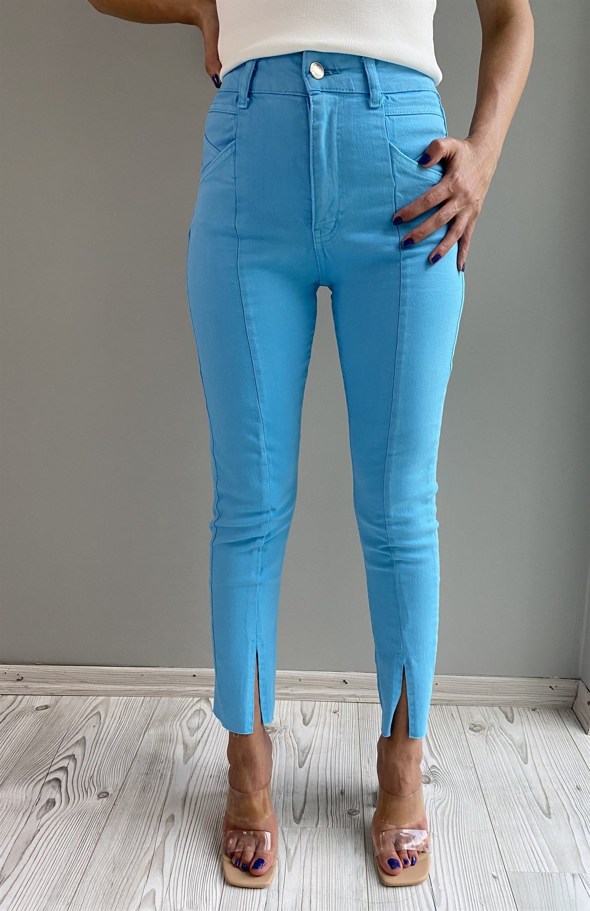 Mavi Gabardin Yırtmaçlı Pantolon