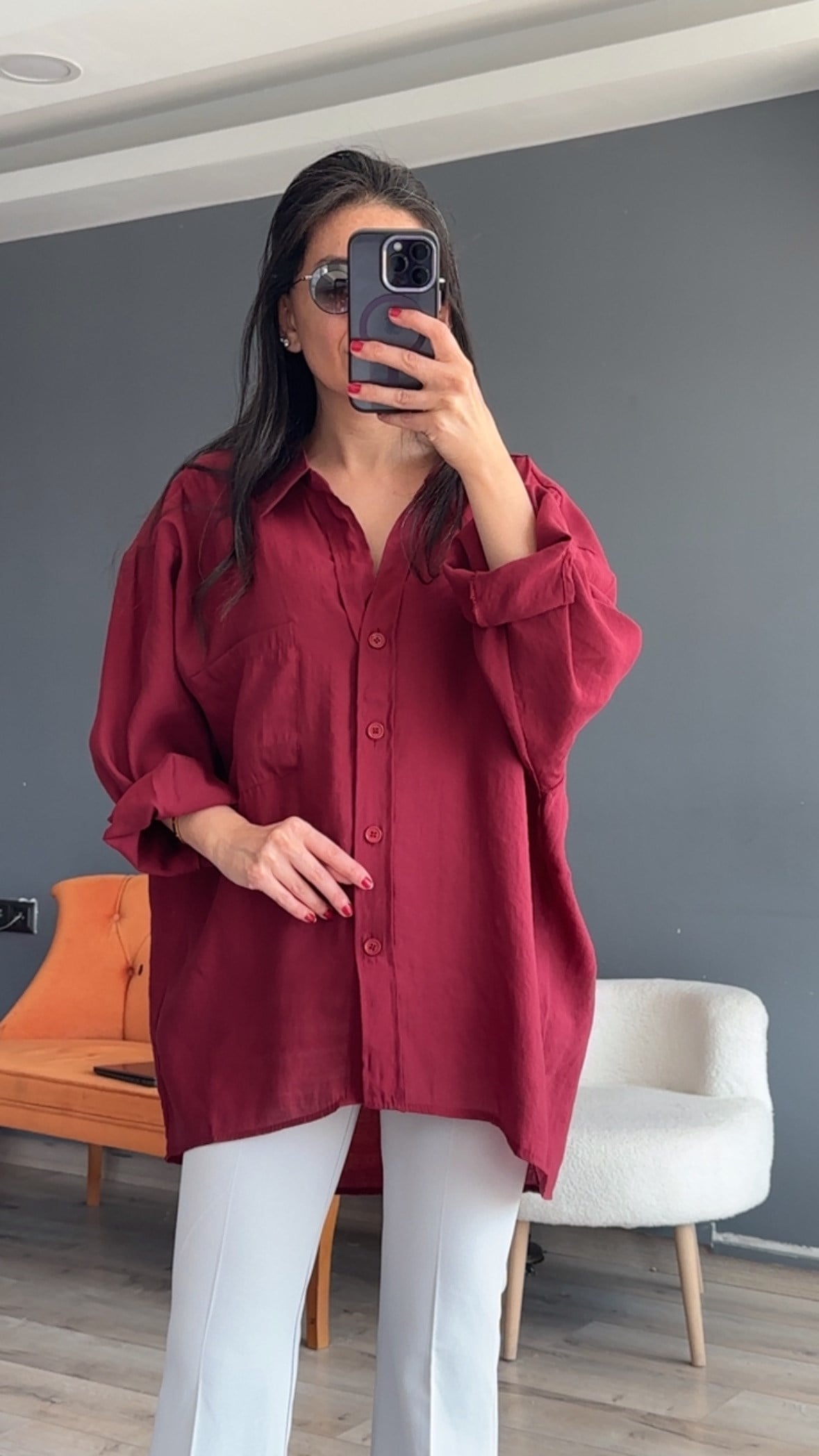 Bordo Düşük Omuz Oversize Gömlek