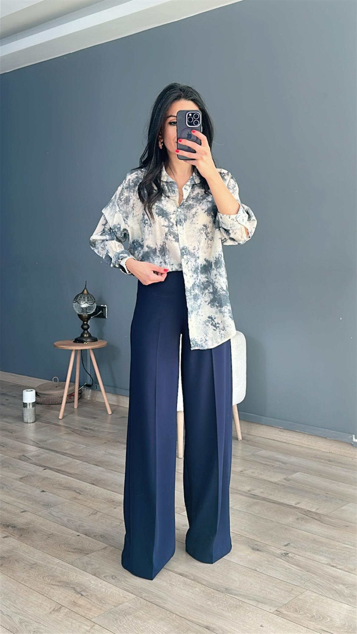 Lacivert Batik Baskılı Vual Gömlek
