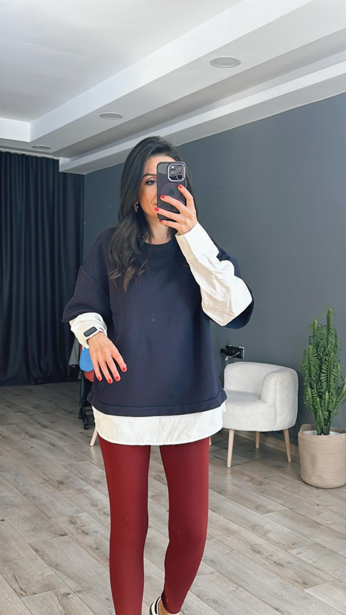Lacivert Gömlek Detaylı Üç İplik Sweatshirt
