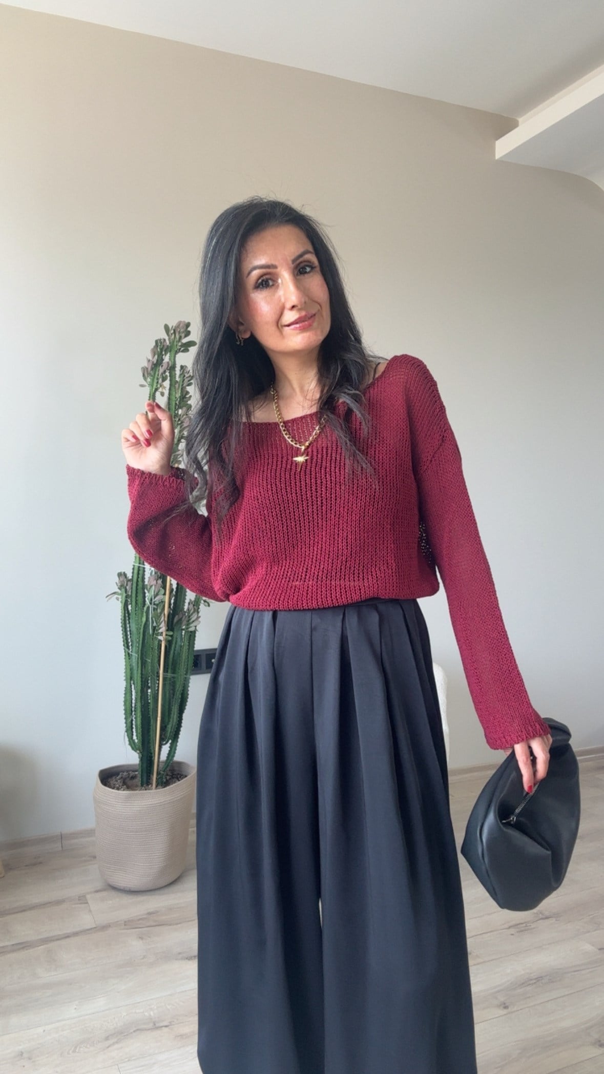 Bordo Kayık Yaka Ajurlu Triko Bluz