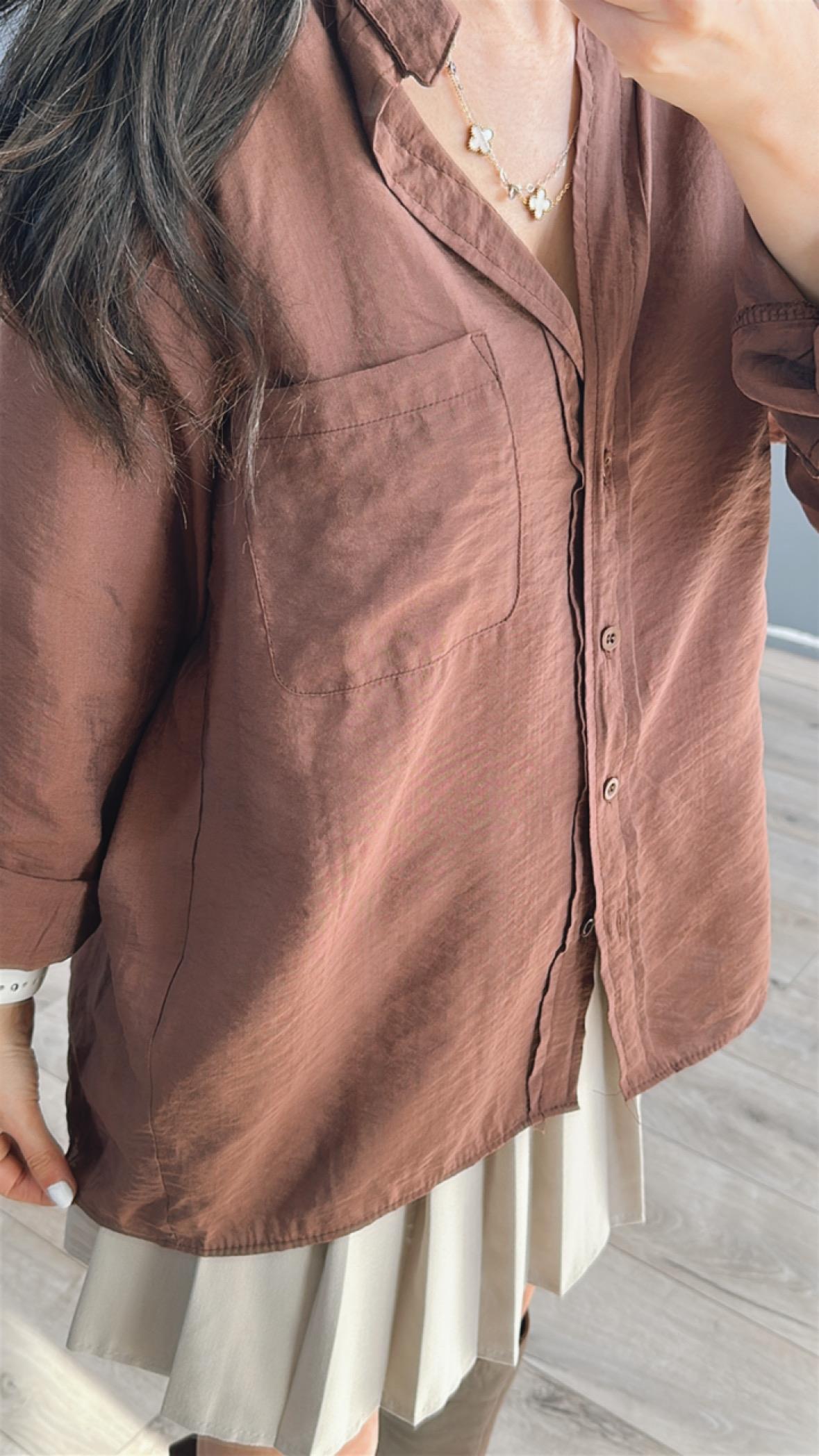 Kahve Cepli Oversize Gömlek