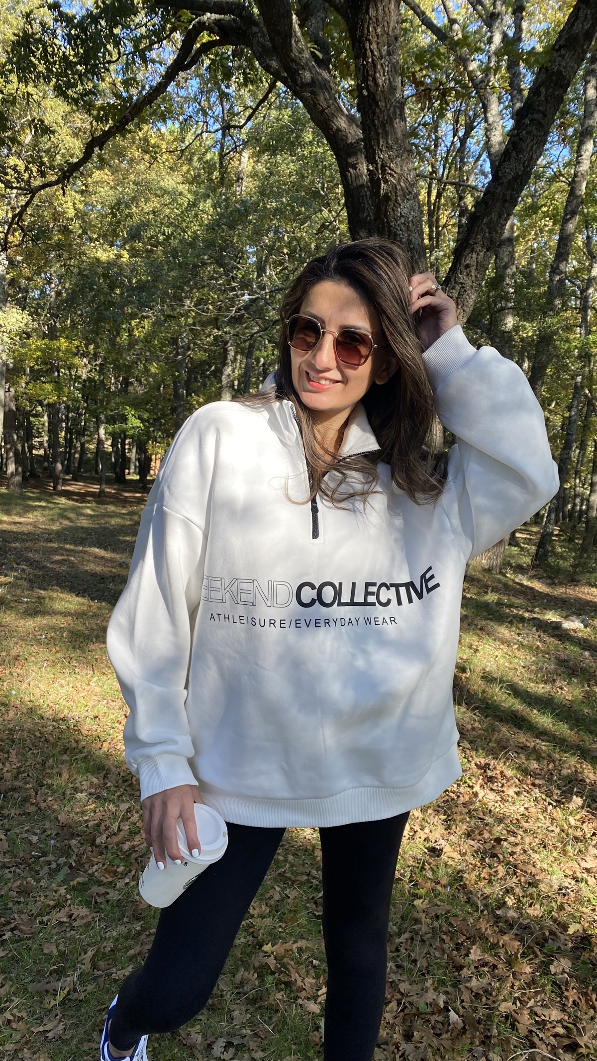 Ekru Dik Yaka Fermuarlı Wekend Baskılı Sweatshirt