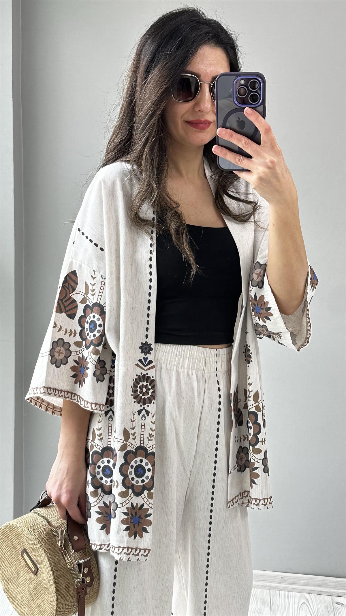 Taş Desenli Kimono Takım