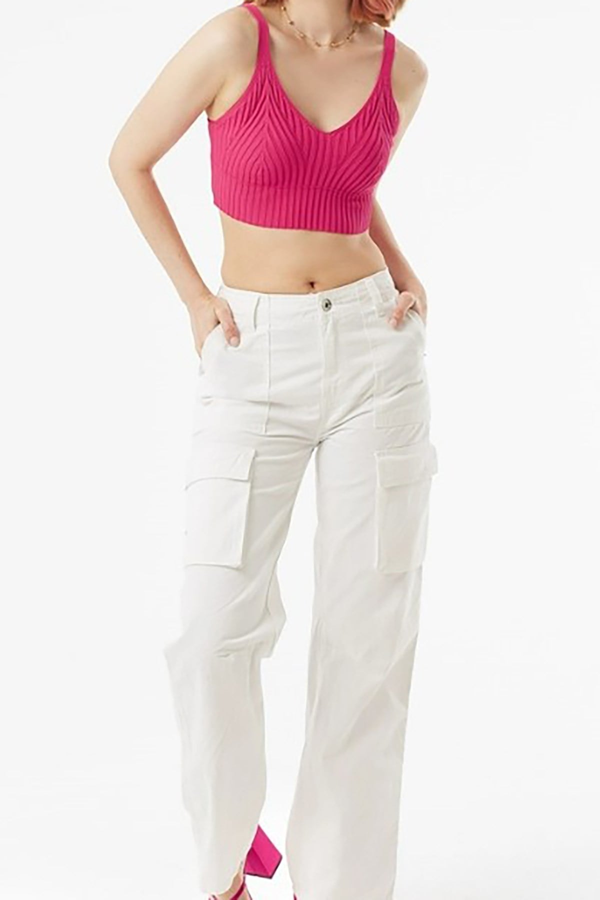 Fitilli Triko Crop Fuşya