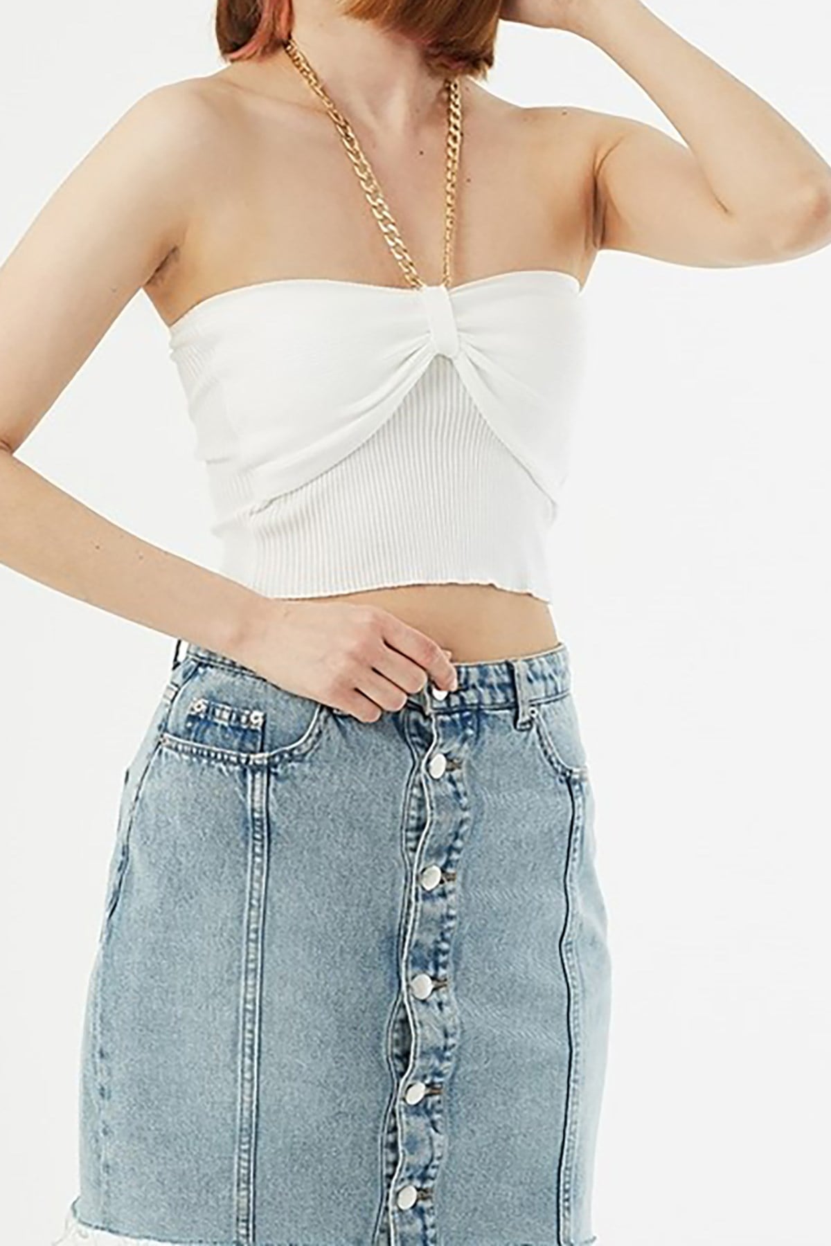 Zincir detaylı Triko Crop Krem