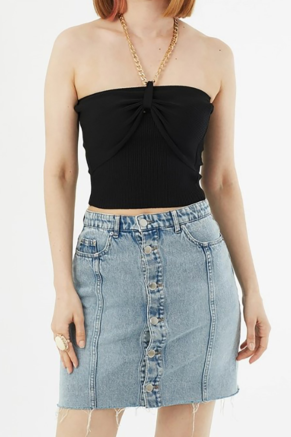 Zincir detaylı Triko Crop Siyah