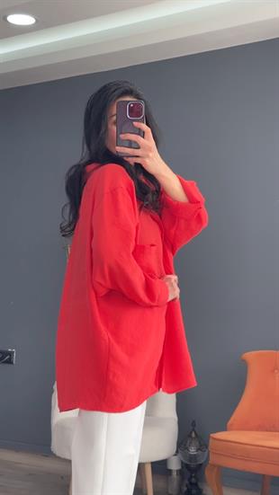 Nar Çiçeği Düşük Omuz Oversize Gömlek