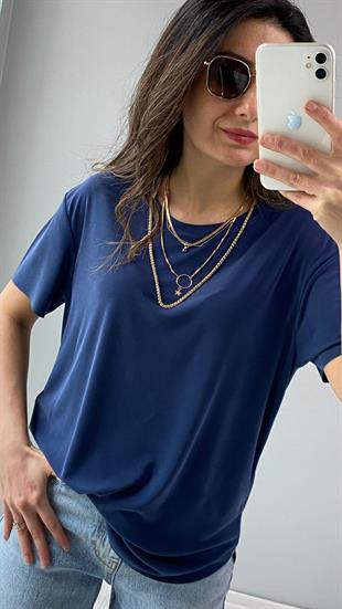 Lacivert Bisiklet Yaka Lazer Kesim Modal Kumaş T-shirt