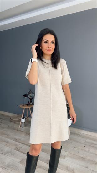 Bej Dikiş Detaylı Triko Elbise