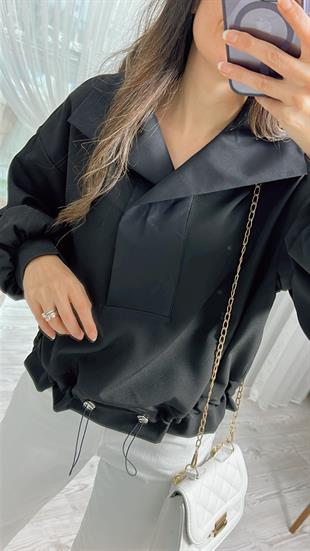 Siyah Gömlek Yaka Büzgü Detaylı Sweatshirt