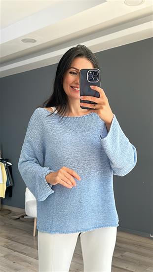 Mavi Kayık Yaka Merserize Triko