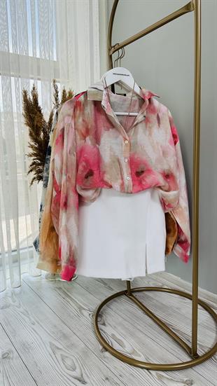 Pembe Batik Baskılı Vual Gömlek