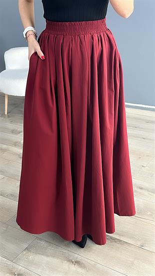 Bordo Bel Kısmı Pileli Beli Lastikli Maxi boy Etek