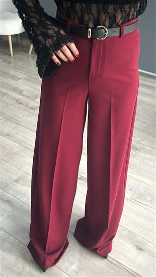 Bordo Arka Cep Detaylı Kemerli Palazzo Pantolon
