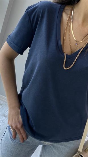 Lacivert Melanjlı Modal Kumaş V Yaka T-shirt