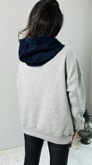 Gri Melanj Jean Garnili Cepli Kapşonlu Sweatshirt