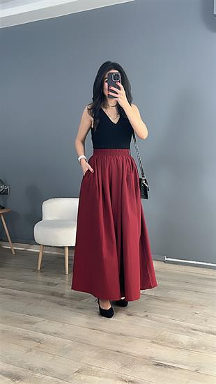 Bordo Bel Kısmı Pileli Beli Lastikli Maxi boy Etek