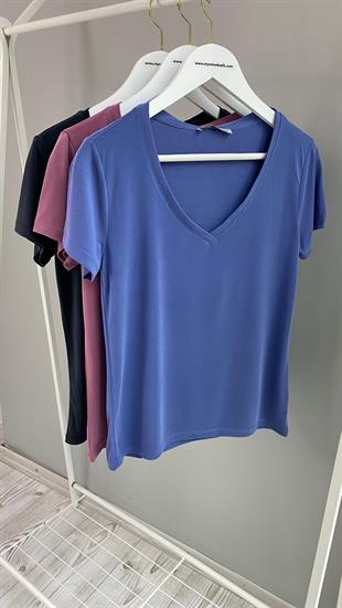 İndigo Mavi V Yaka Modal Kumaş T-Shirt