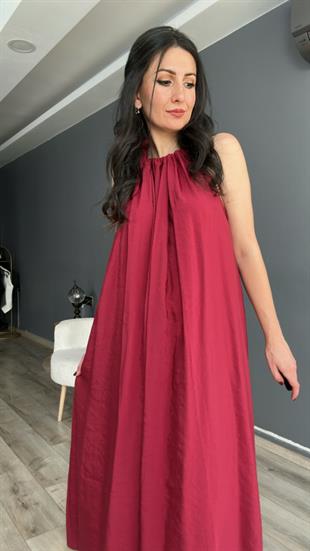 Bordo Boyun Bağlamalı Modal Elbise