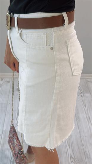 Beyaz Mini Yırtmaçlı Yüksek Bel Denim Etek