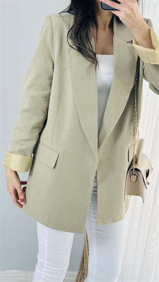 Haki Keten Astarlı Blazer Ceket