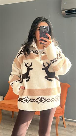 Ekru Kahve Geyik Desenli Fermuarlı Sweatshirt