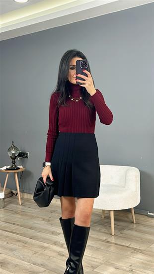 Bordo Balıkçı Yaka Kalın Fitilli Triko