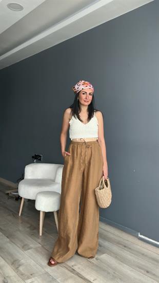 Taba Beli Lastikli İp bağlamalı Keten Pantolon
