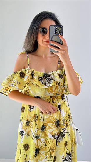 Sarı Çiçek Desenli İnce Askılı Maxi Boy Elbise