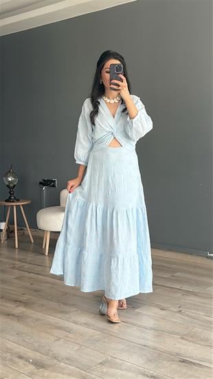 Bebe Mavi Nakış İşlemeli Müslin Elbise