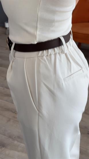 Kırık Beyaz Beli Lastikli Kemerli Havuç Paça Pantolon