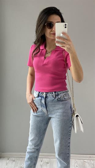 Fuşya Polo Yaka Kaşkorse Bluz